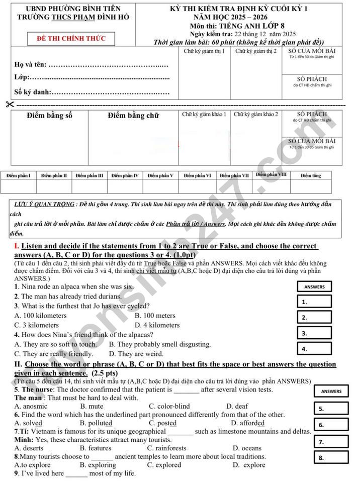 De thi cuoi ki 1 mon Anh lop 8 THCS Pham Dinh Ho 2025