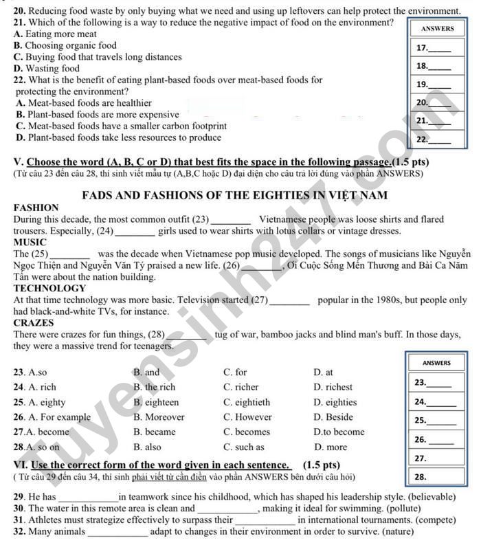 De thi cuoi ki 1 mon Anh lop 8 THCS Pham Dinh Ho 2025