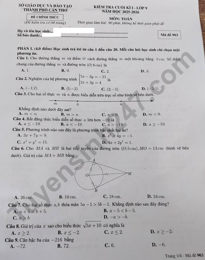 De thi cuoi ki 1 lop 9 mon Toan 2025 - TP Can Tho