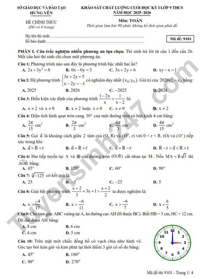 De thi hoc ki 1 lop 9 mon Toan 2025 - So GDDT Hung Yen