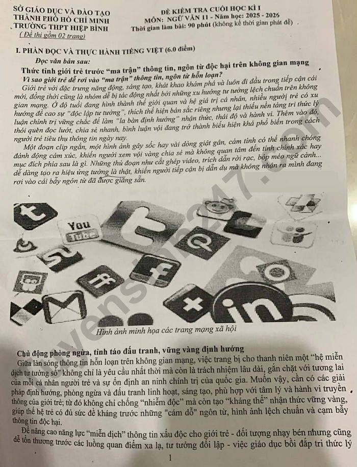 De thi hoc ki 1 lop 11 mon Van 2025 - THPT Hiep Binh