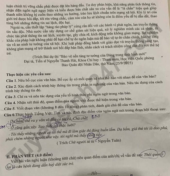 De thi hoc ki 1 lop 11 mon Van 2025 - THPT Hiep Binh