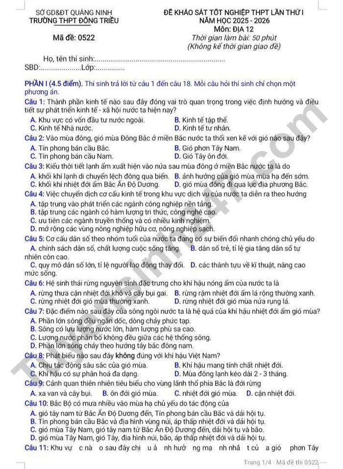 De thi thu tot nghiep THPT 2026 mon Dia - THPT Dong Trieu lan 1