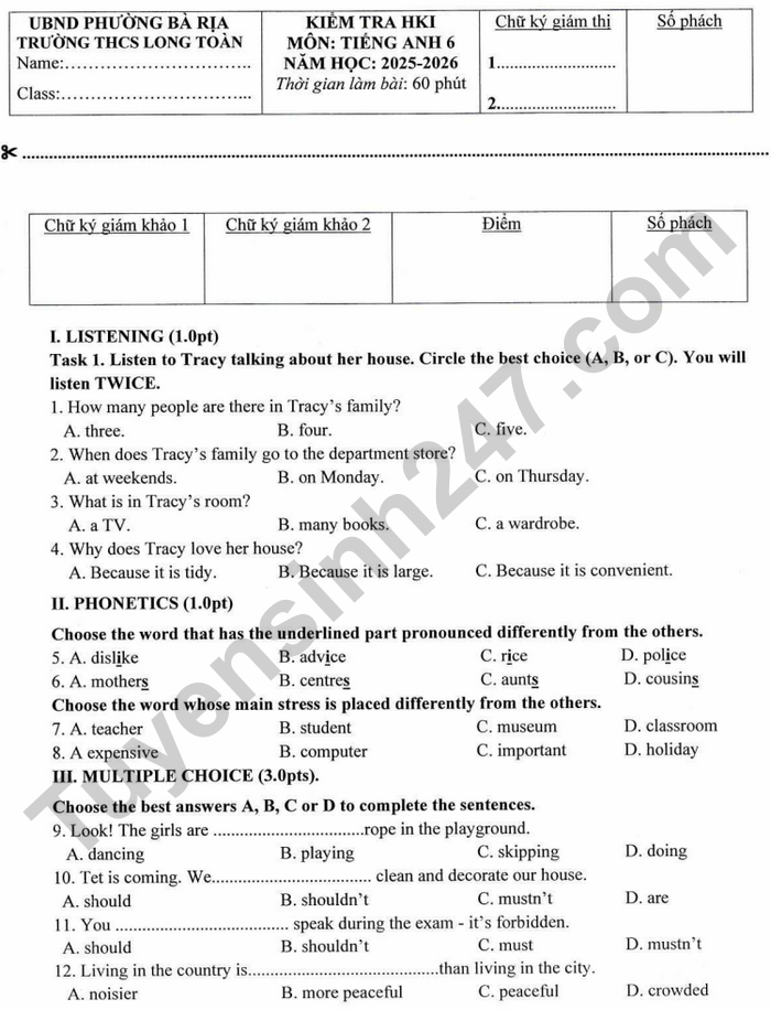 De thi ki 1 nam 2025 mon Anh 6 - THCS Long Toan