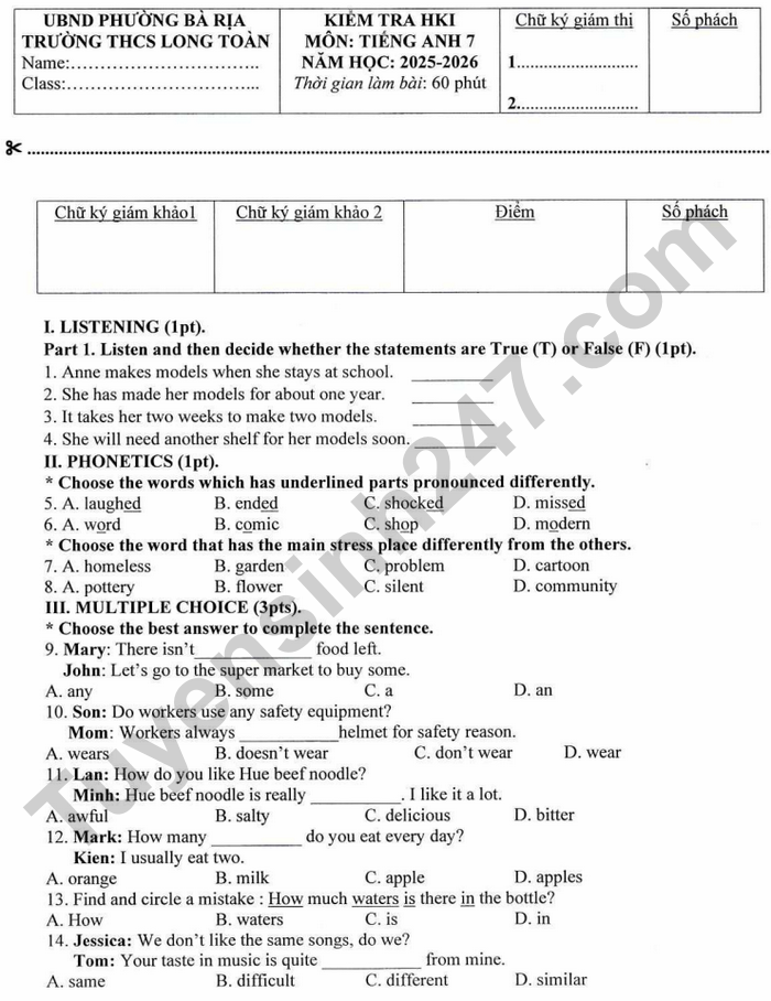 De thi hoc ki 1 nam 2025 THCS Long Toan - mon Anh 7