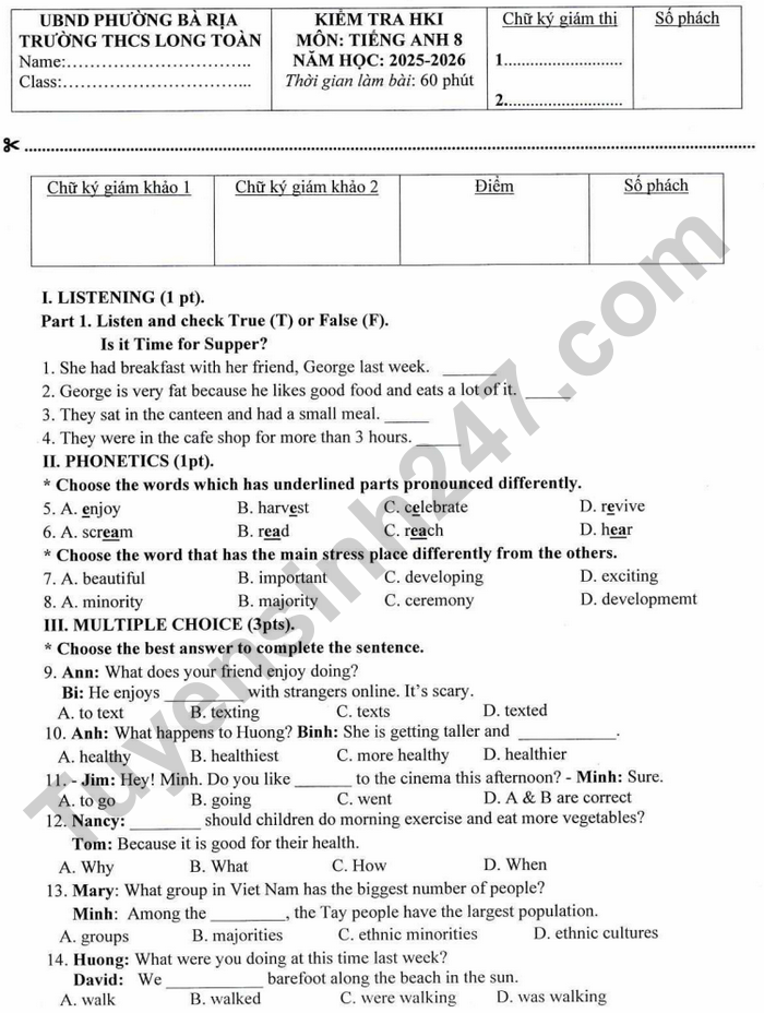 De thi HK1 lop 8 mon Anh 2025 - THCS Long Toan