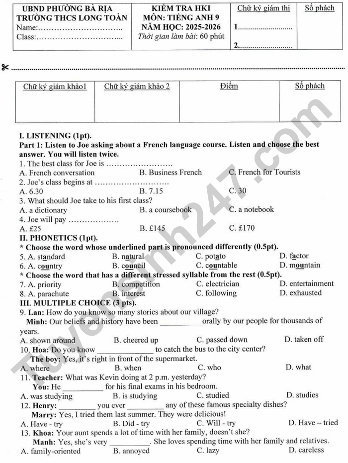 De thi hoc ki 1 mon Anh 9 THCS Long Toan 2025