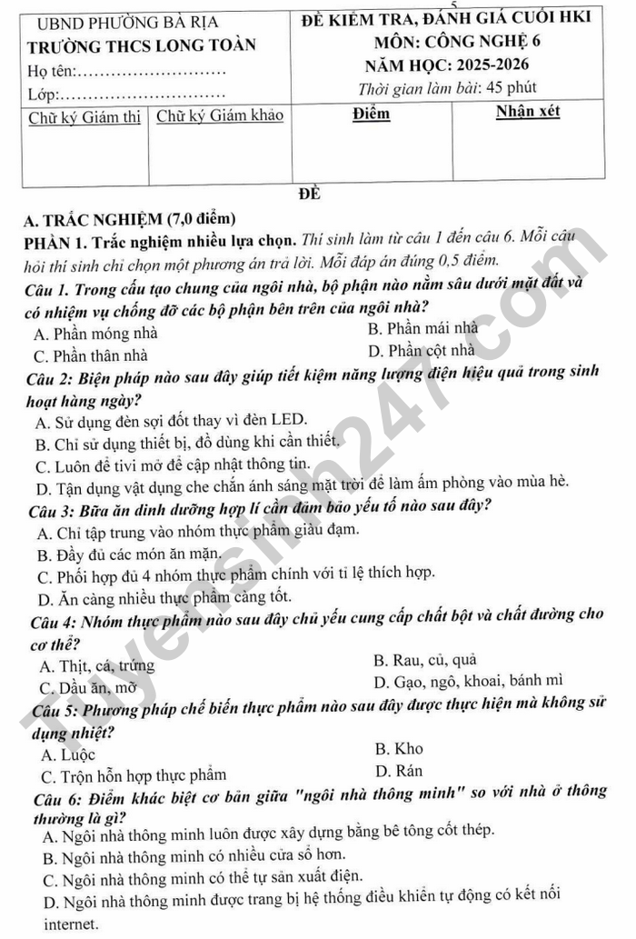 De thi cuoi ki 1 mon Cong nghe 6 THCS Long Toan 2025