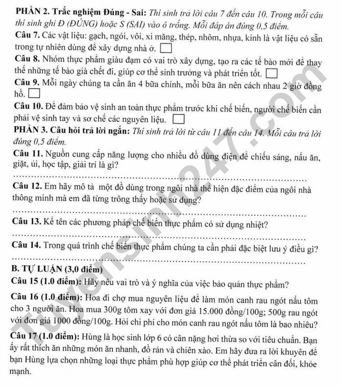 De thi cuoi ki 1 mon Cong nghe 6 THCS Long Toan 2025