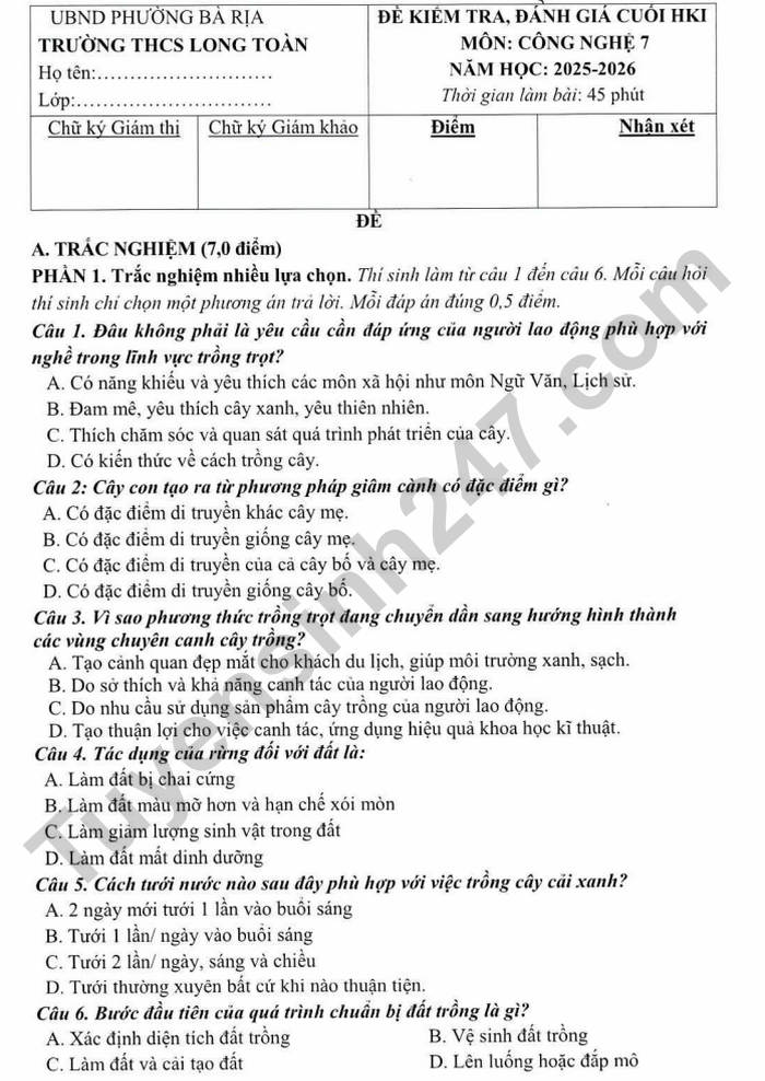 De thi cuoi ki 1 lop 7 mon Cong nghe 2025 - THCS Long Toan