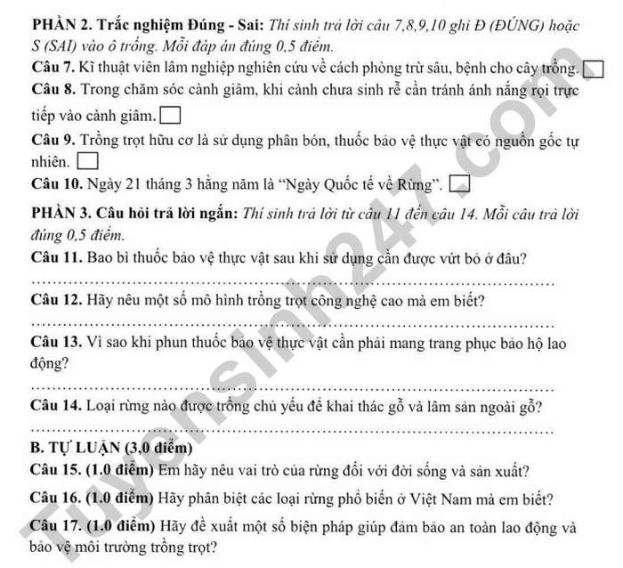 De thi cuoi ki 1 lop 7 mon Cong nghe 2025 - THCS Long Toan