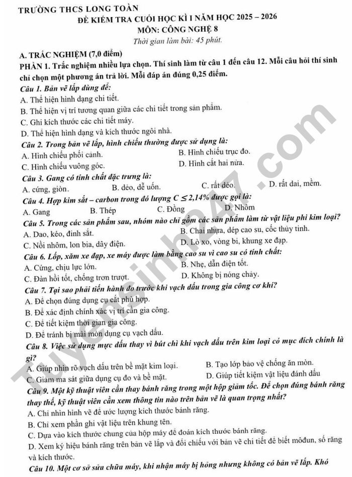 De thi ki 1 mon Cong nghe 8 THCS Long Toan 2025