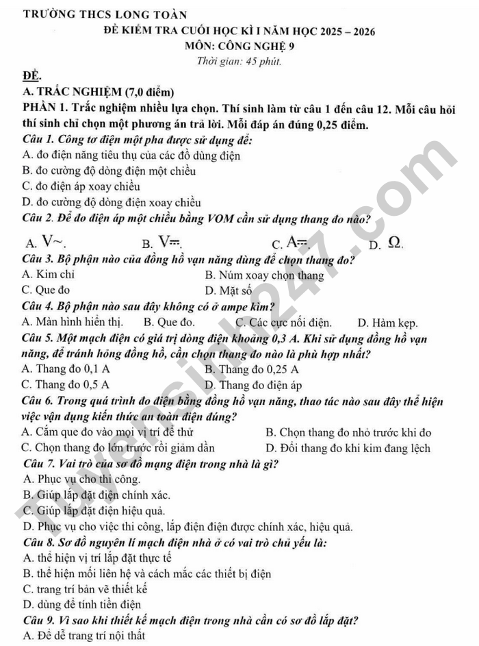 De kiem tra HK1 Cong nghe lop 9 THCS Long Toan 2025