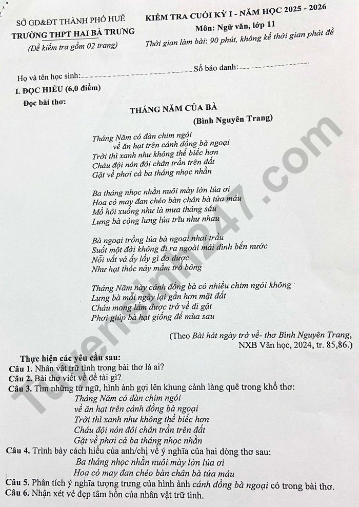 De thi cuoi ki 1 mon Van 11 THPT Hai Ba Trung 2025