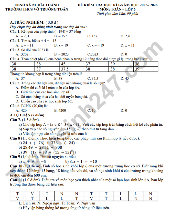 De thi hoc ki 1 mon Toan 6 THCS Vo Truong Toan 2025 - Co dap an