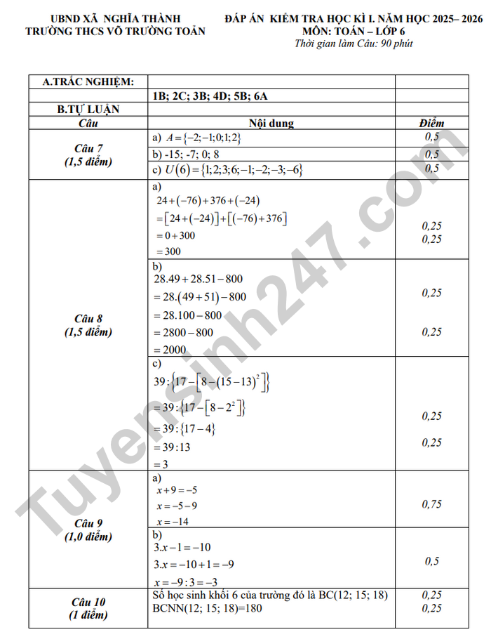 De thi hoc ki 1 mon Toan 6 THCS Vo Truong Toan 2025 - Co dap an