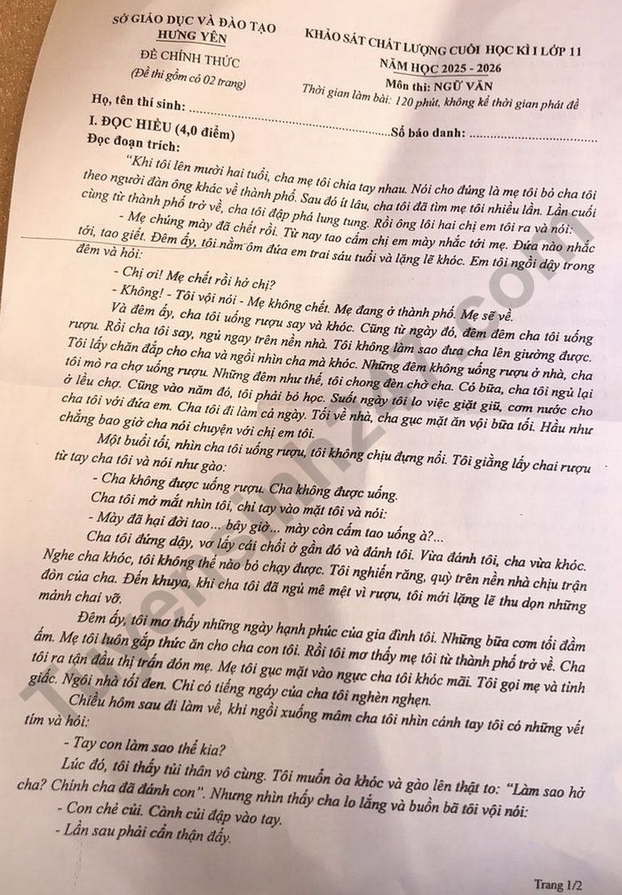 De thi hoc ki 1 lop 11 mon Van 2025 - So GDDT Hung Yen