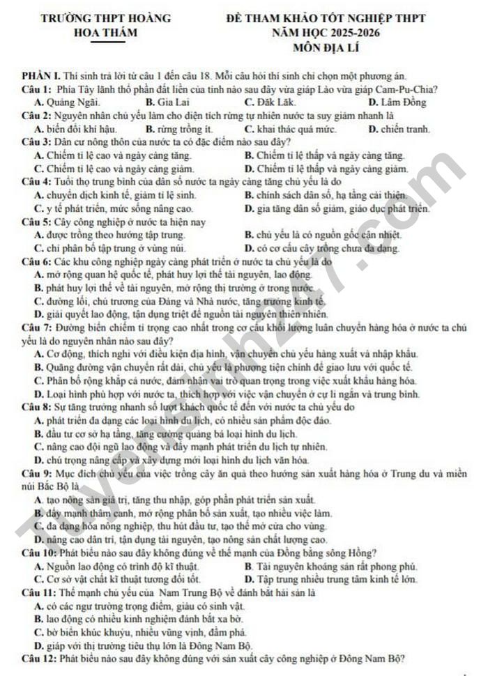 De thi thu tot nghiep THPT 2026 mon Dia - THPT Hoang Hoa Tham