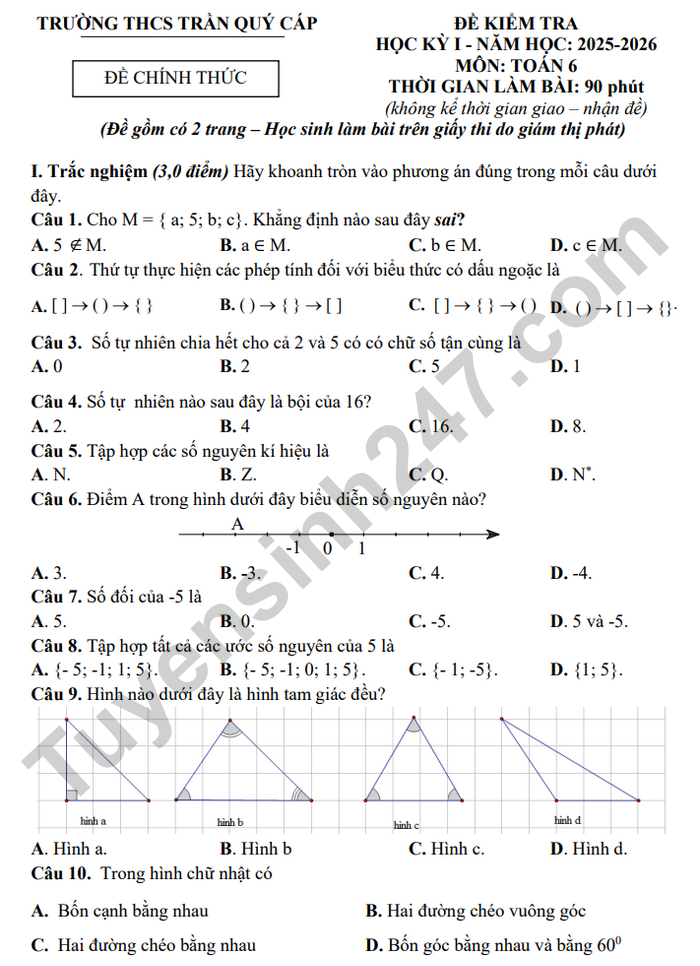 De thi hoc ki 1 mon Toan 6 THCS Tran Quy Cap 2025 - Co dap an