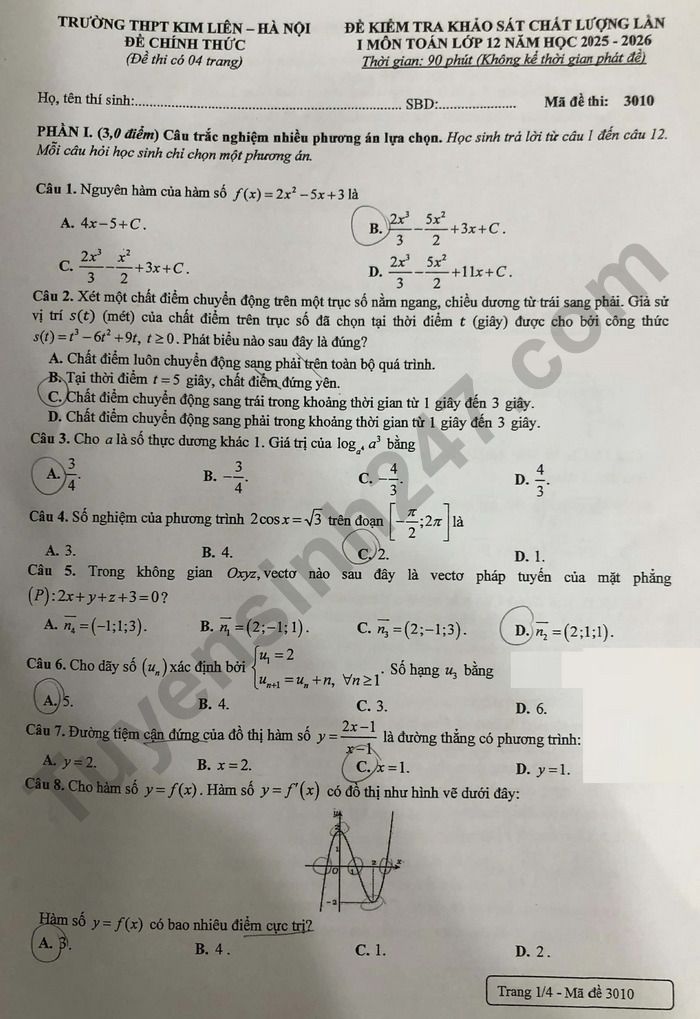 De thi thu mon Toan TN THPT 2026 - THPT Kim Lien lan 1