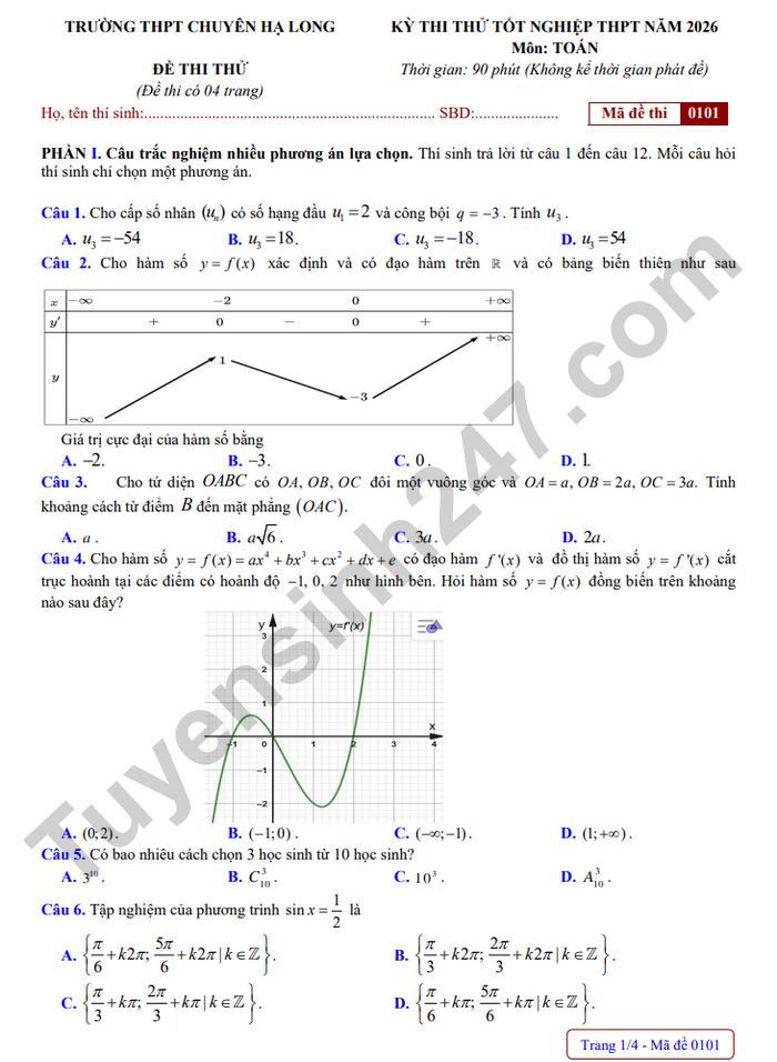 De thi thu tot nghiep THPT 2026 mon Toan - THPT Chuyen Ha Long