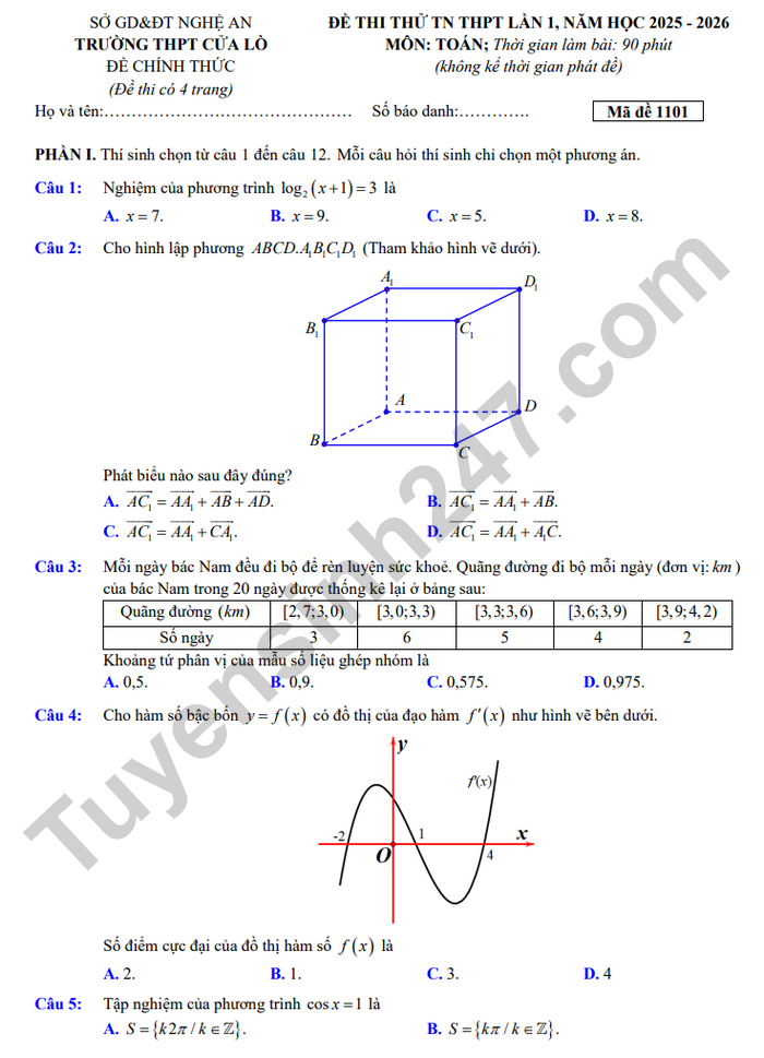 De thi thu TN THPT 2026 lan 1 mon Toan - THPT Cua Lo (co dap an)