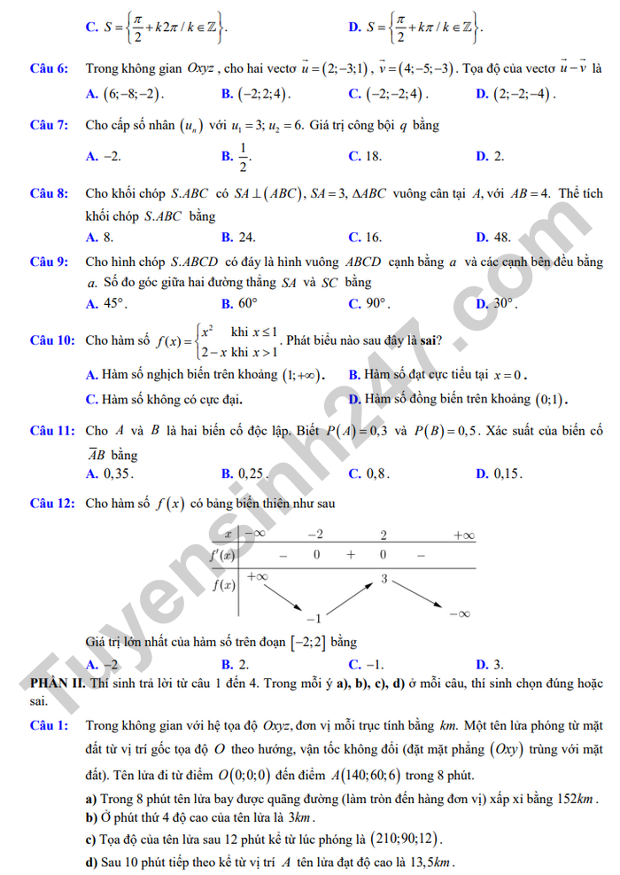 De thi thu TN THPT 2026 lan 1 mon Toan - THPT Cua Lo (co dap an)