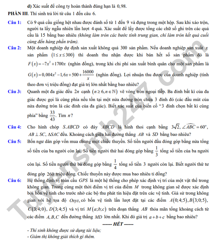 De thi thu TN THPT 2026 lan 1 mon Toan - THPT Cua Lo (co dap an)