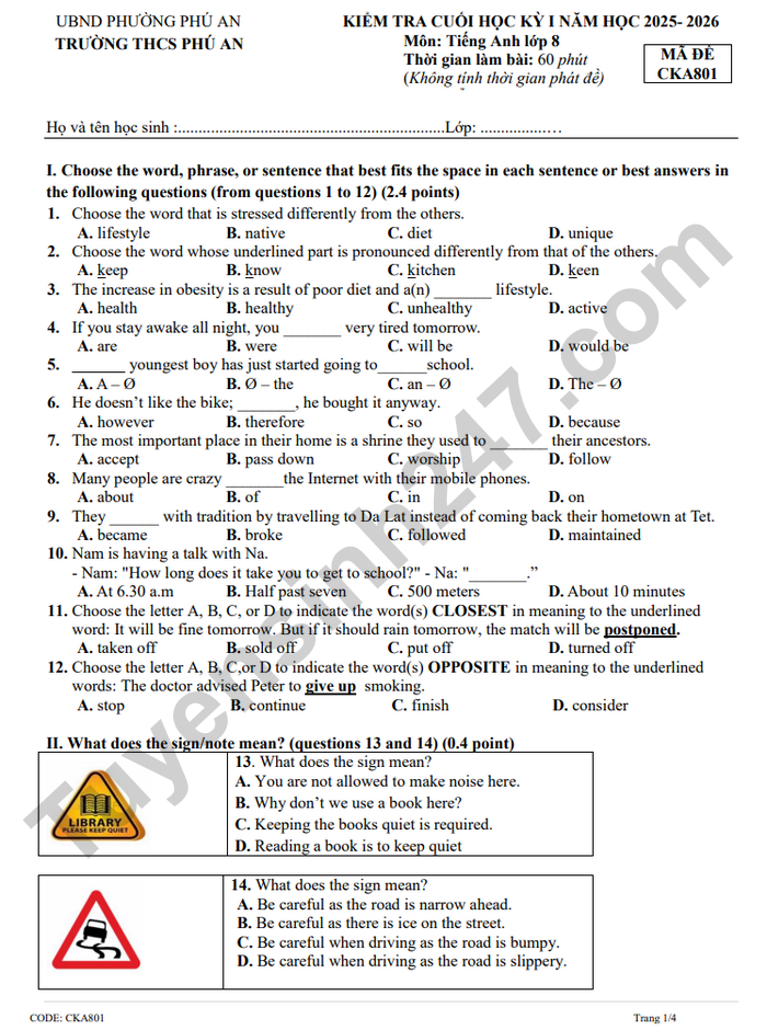 De thi cuoi ki 1 mon Anh lop 8 THCS Phu An 2025