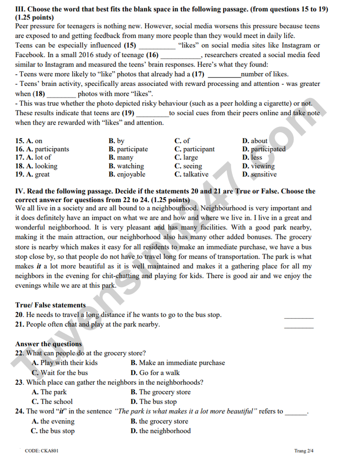 De thi cuoi ki 1 mon Anh lop 8 THCS Phu An 2025