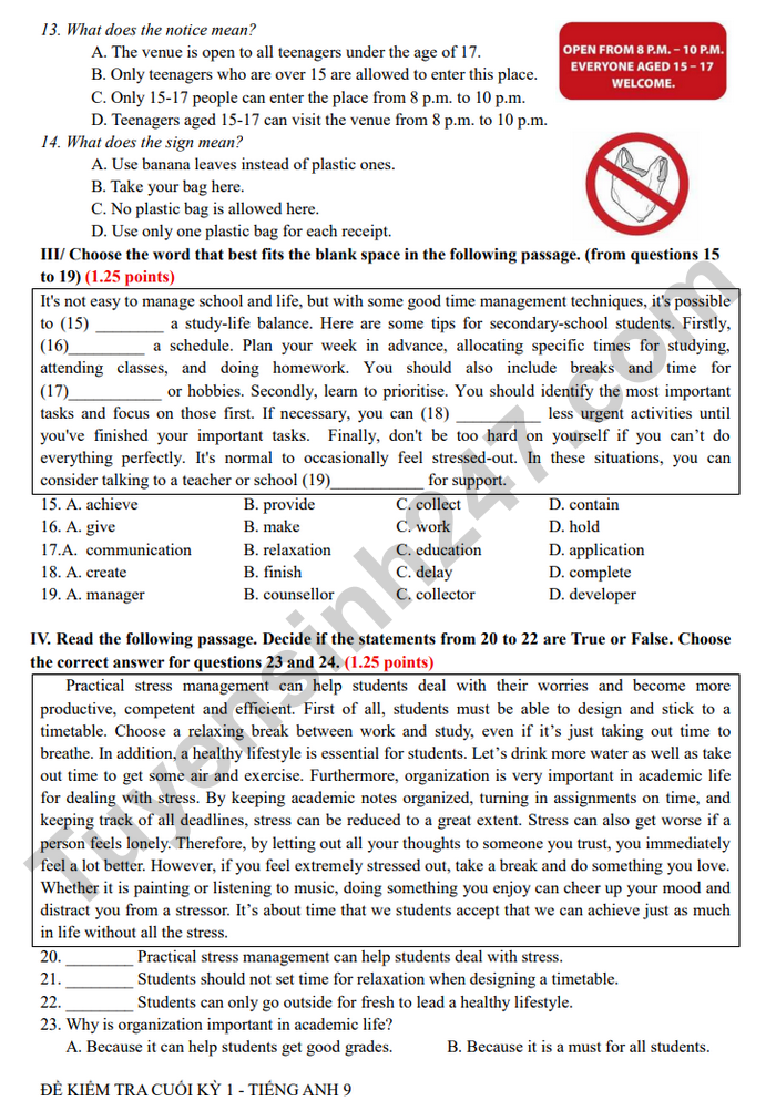 De thi cuoi ki 1 lop 9 mon Anh 2025 - THCS Phu An