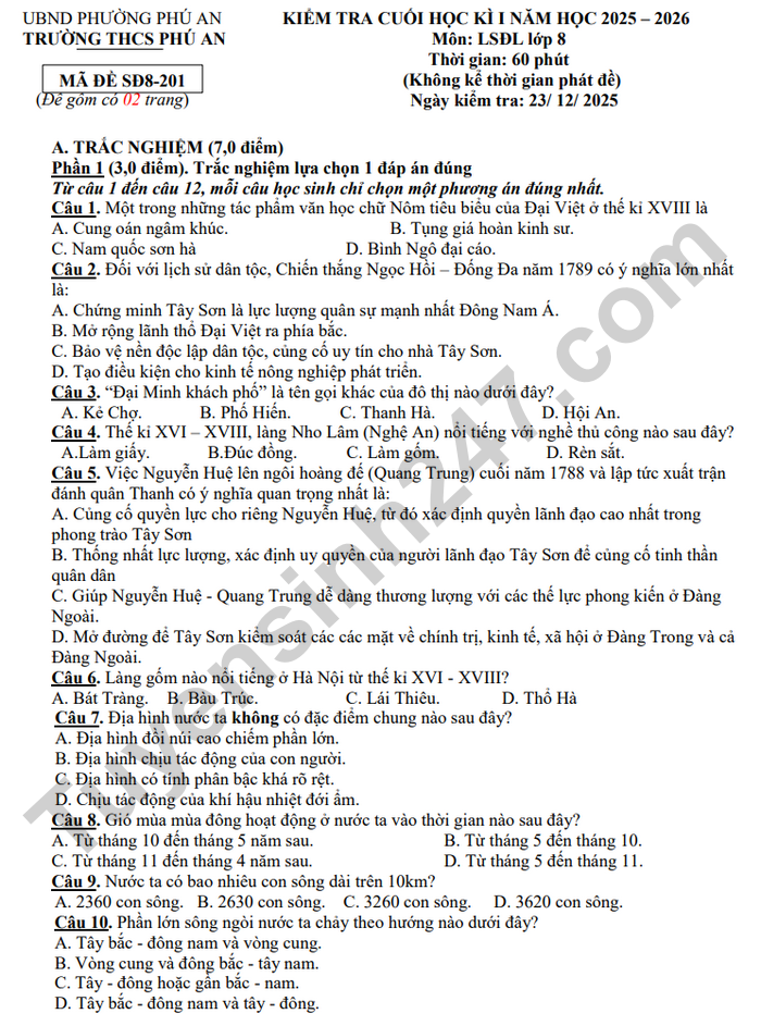 De thi ki 1 nam 2025 THCS Phu An - lop 8 mon Su-Dia