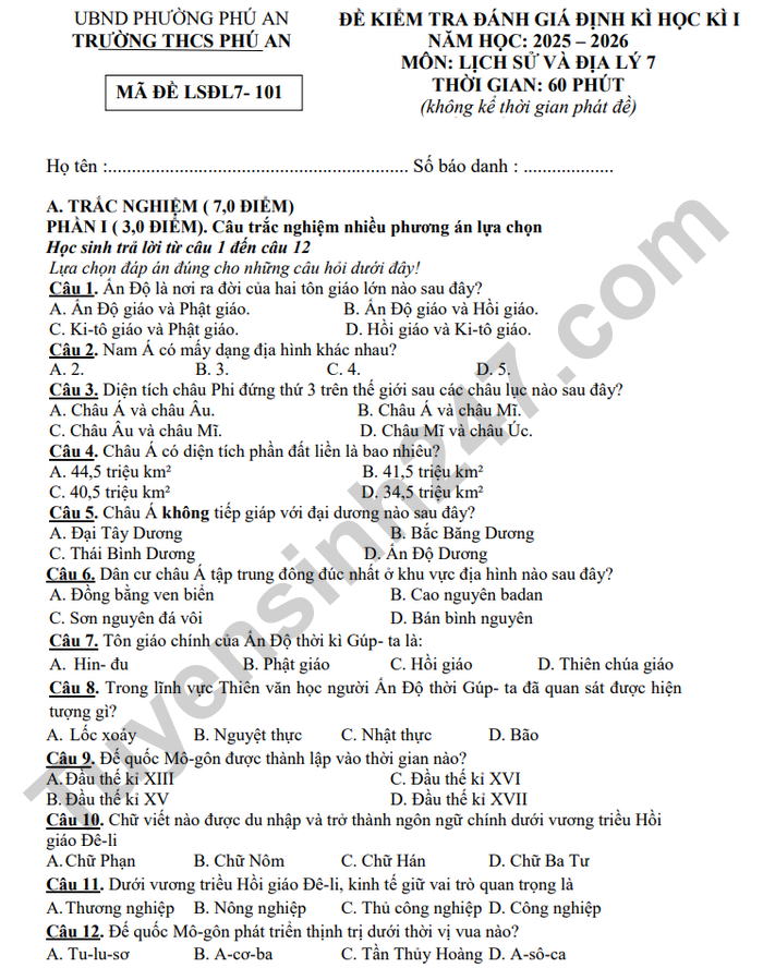 De thi hoc ki 1 nam 2025 THCS Phu An - lop 7 mon Su-Dia