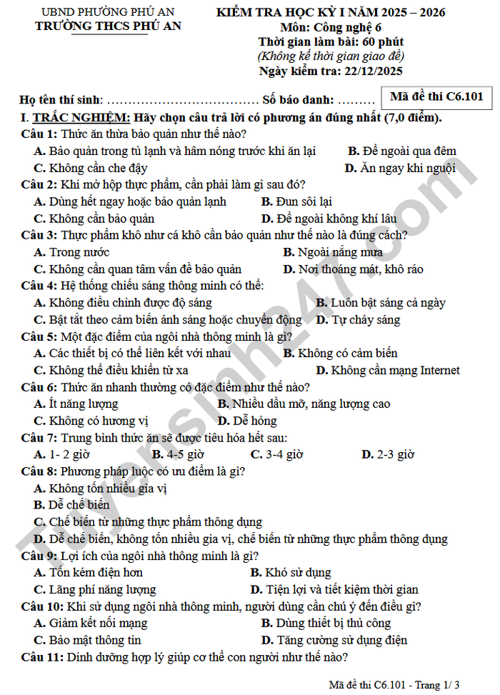 De thi hoc ki 1 mon Cong nghe 6 THCS Phu An 2025