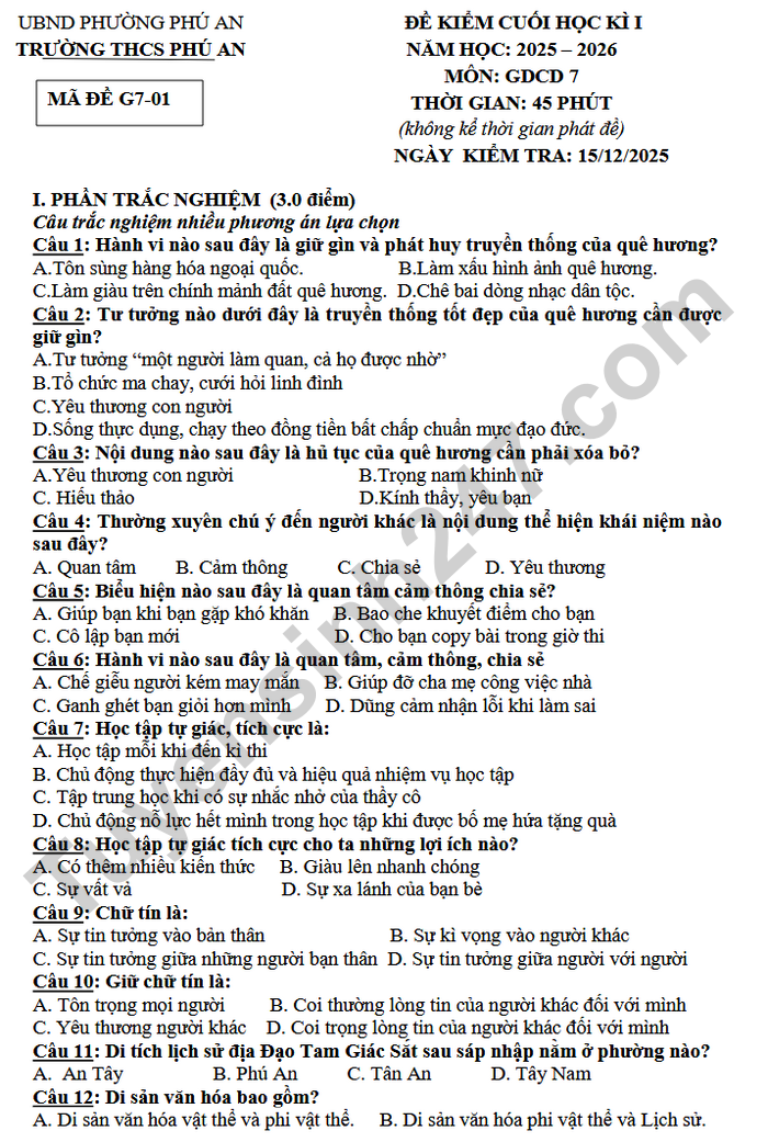 De thi hoc ki 1 lop 7 mon GDCD 2025 - THPT Phu An