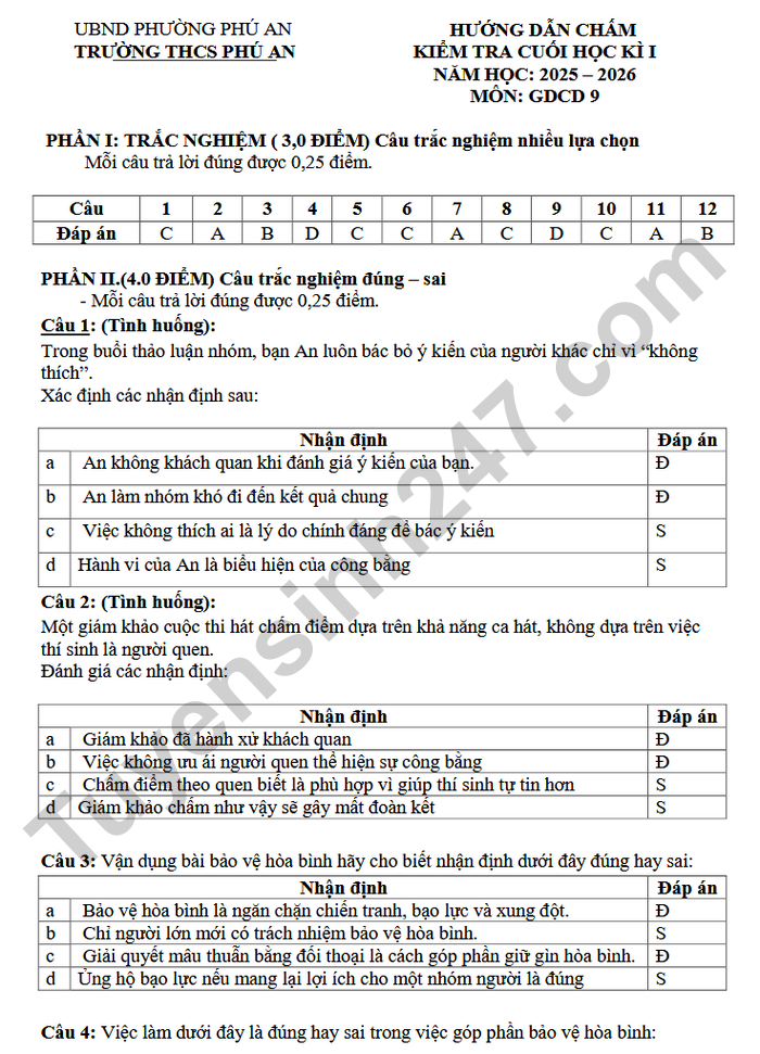 De thi hoc ki 1 mon GDCD lop 9 THCS Phu An 2025 - Co dap an