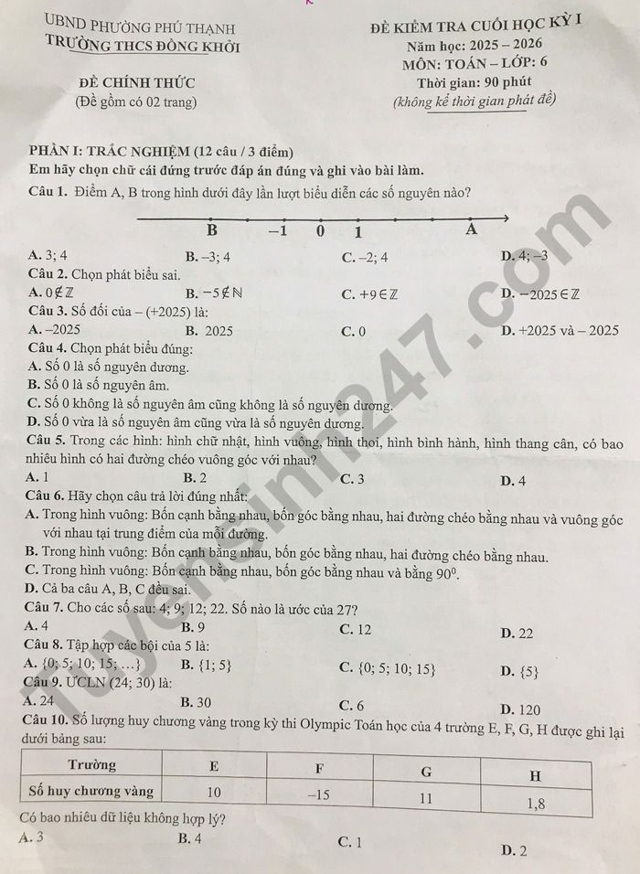 De thi cuoi ki 1 Toan lop 6 THCS Dong Khoi 2025