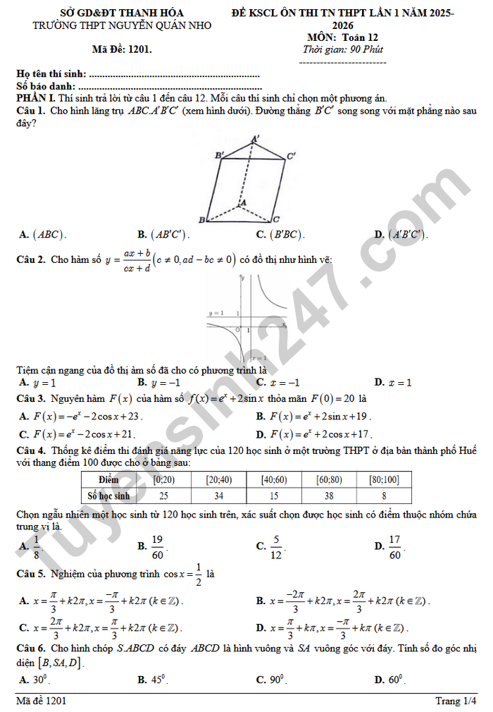 De thi thu tot nghiep THPT 2026 mon Toan - THPT Nguyen Quan Nho (lan 1)