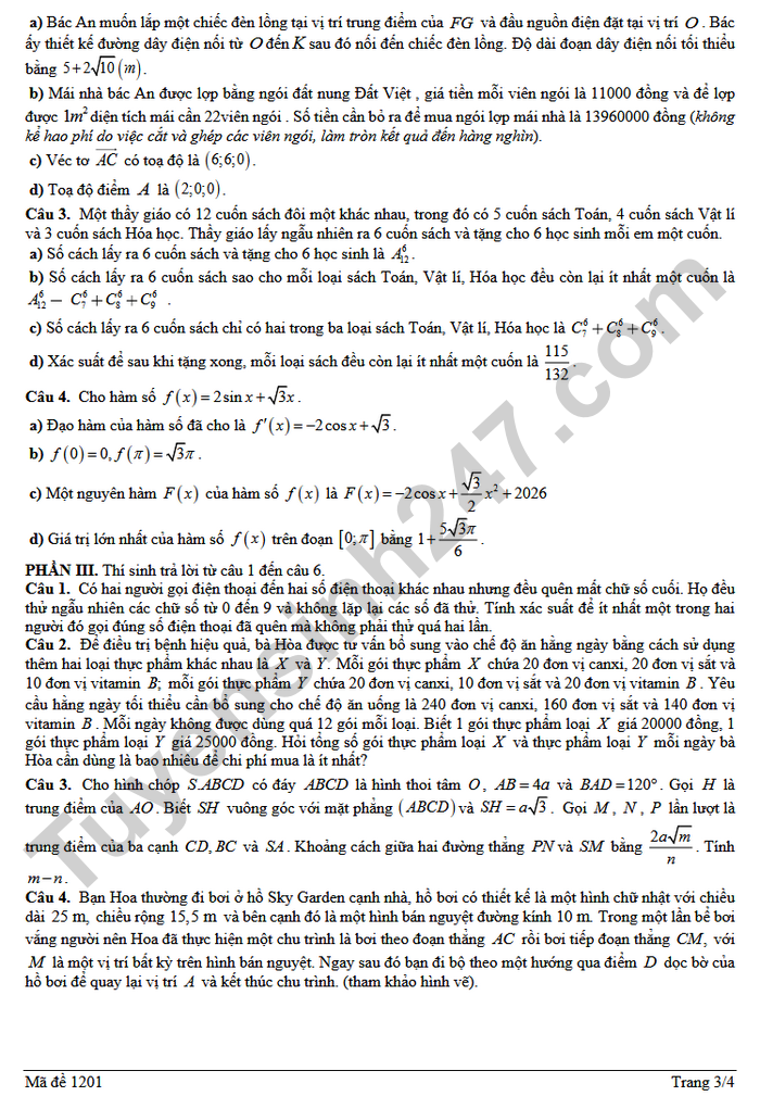 De thi thu tot nghiep THPT 2026 mon Toan - THPT Nguyen Quan Nho (lan 1)