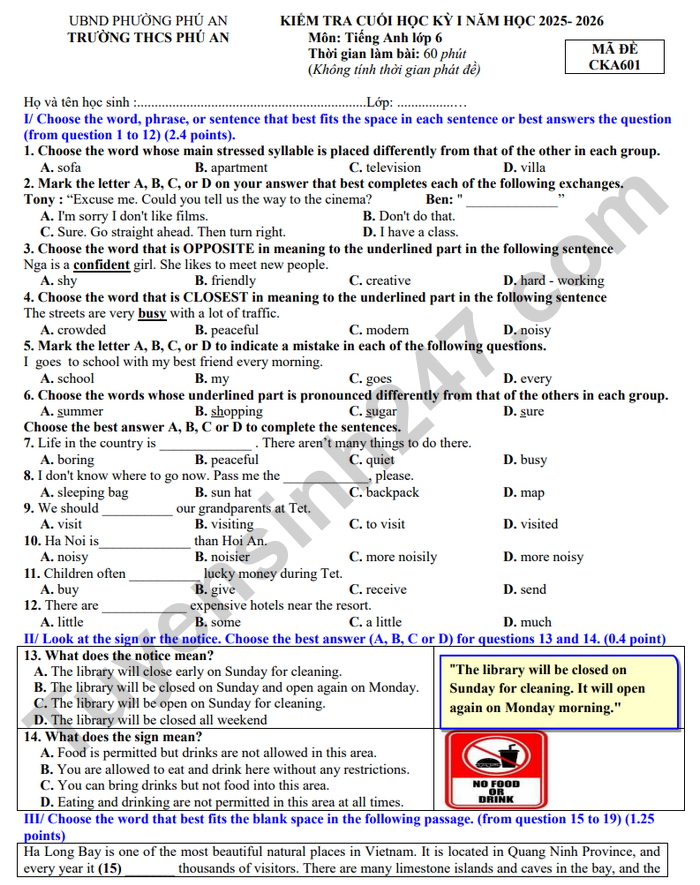 De thi cuoi ki 1 nam 2025 mon Anh lop 6 - THCS Phu An