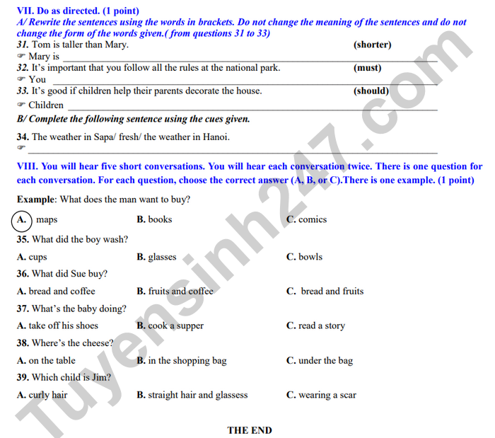 De thi cuoi ki 1 nam 2025 mon Anh lop 6 - THCS Phu An