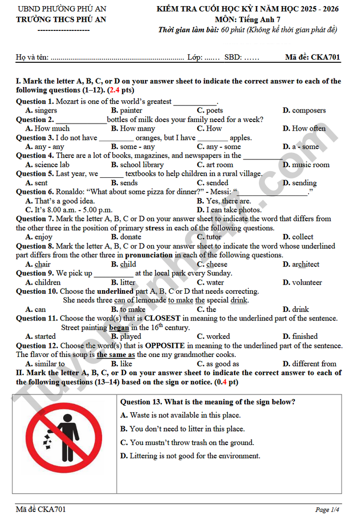 De thi hoc ki 1 lop 7 mon Anh - THCS Phu An 2025