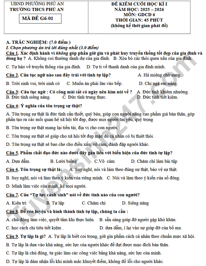 De thi hoc ki 1 mon GDCD 6 THCS Phu An 2025 - Co dap an