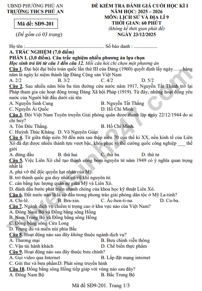 De thi hoc ki 1 mon Su- Dia lop 9 THCS Phu An 2025