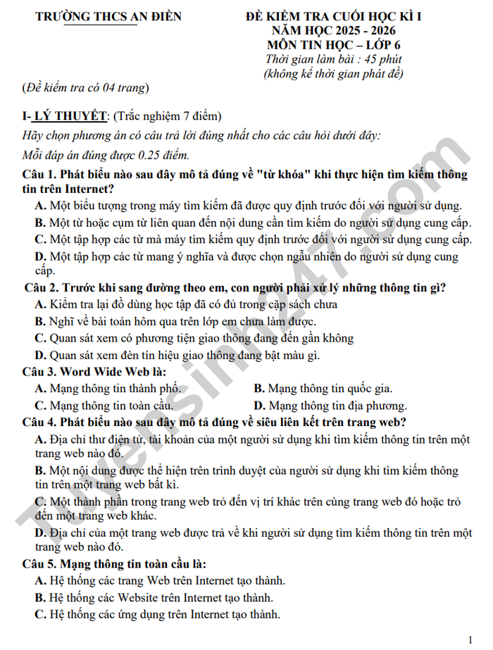 De thi hoc ki 1 lop 6 mon Tin 2025 - THCS An Dien