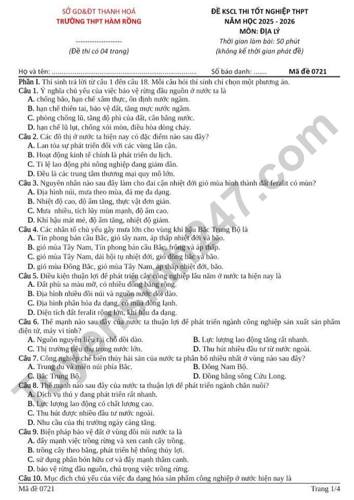 De thi thu tot nghiep THPT 2026 mon Dia - THPT Ham Rong