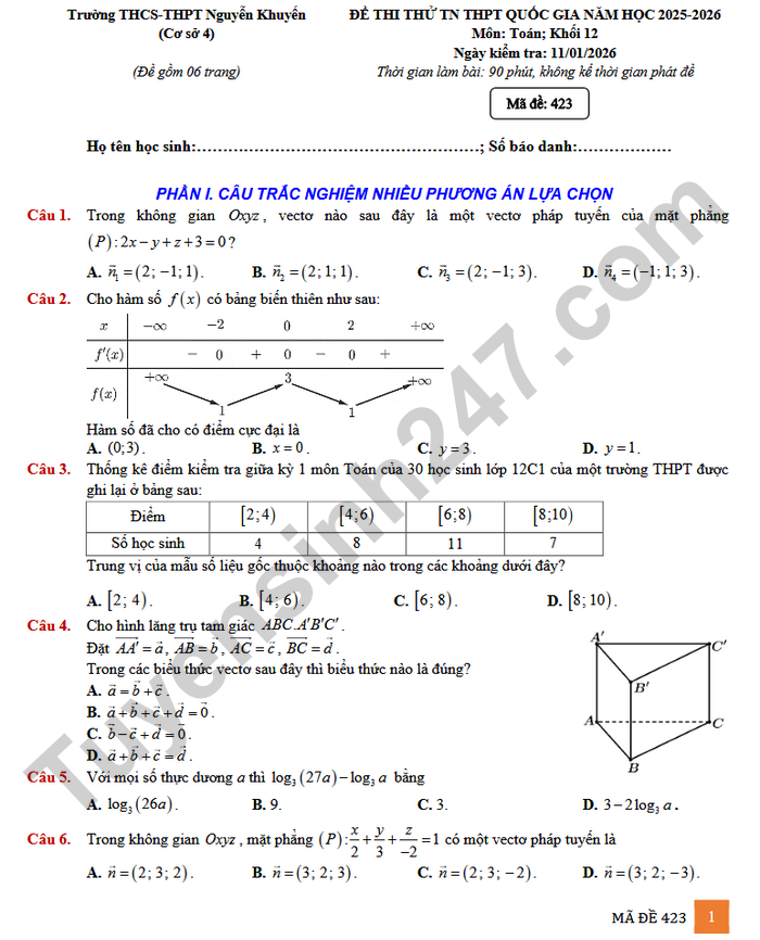 De thi thu tot nghiep THPT 2026 mon Toan - THCS-THPT Nguyen Khuyen (co dap an)