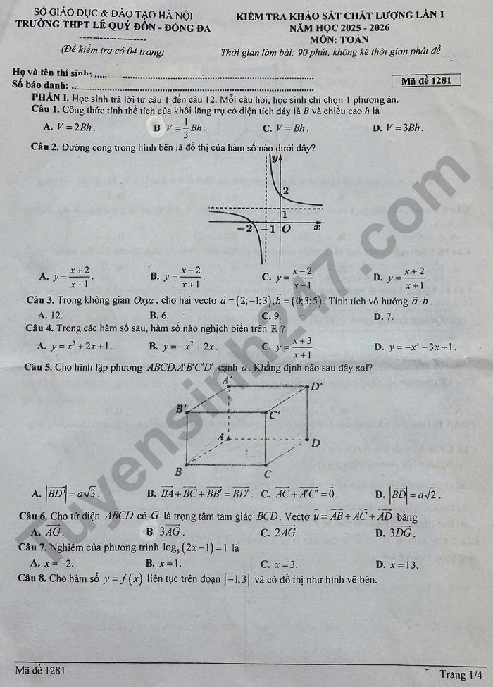 De thi thu TN THPT mon Toan 2026 lan 1 - THPT Le Quy Don - Dong Da