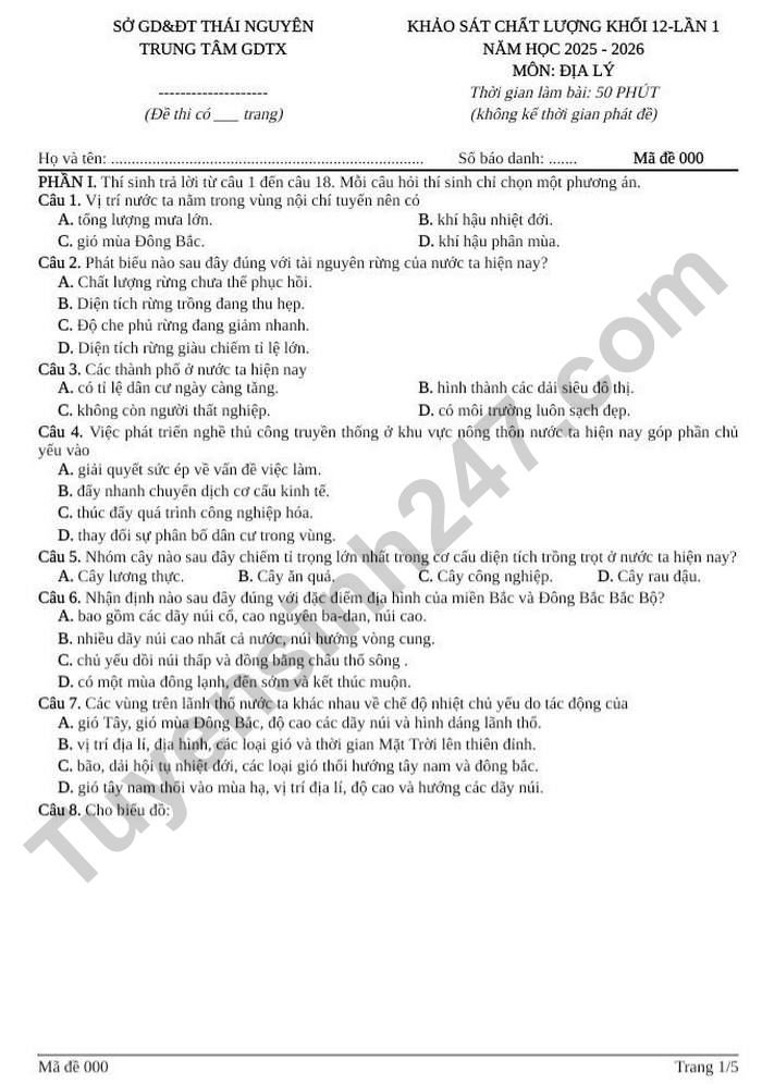 De thi thu TN THPT mon Dia 2026 lan 1 - Trung Tam GDTX Thai Nguyen