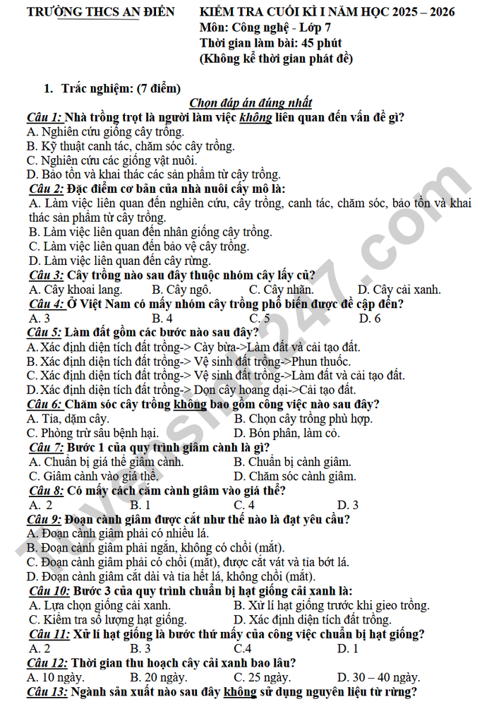 De thi cuoi ki 1 Cong nghe lop 7 THCS An Dien 2025
